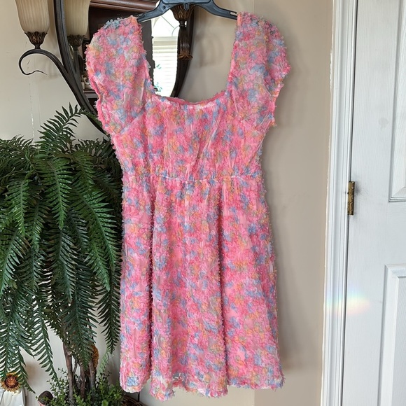 Brand New JODIFL Pink Rainbow Pastel Textured Floral Dress Babydoll Lined - Picture 9 of 15